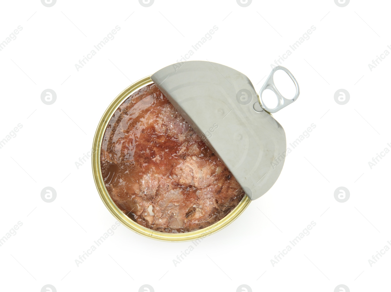 Photo of Canned meat in tin can isolated on white, top view