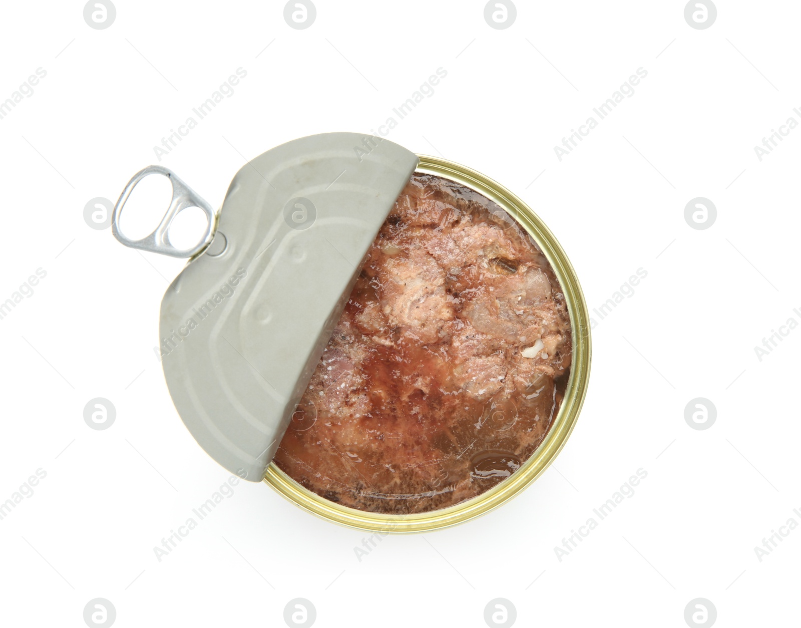 Photo of Canned meat in tin can isolated on white, top view