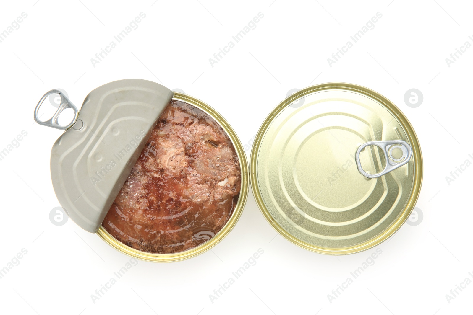 Photo of Canned meat in tin cans isolated on white, top view