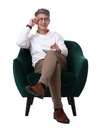 Photo of Professional psychologist with notebook sitting on chair against white background