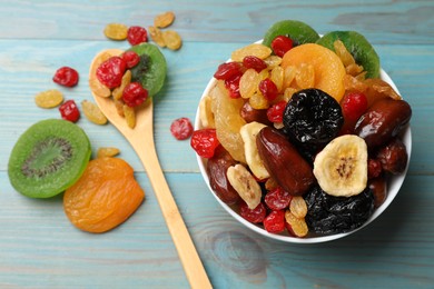 Photo of Mix of different dried fruits in bowl on blue wooden table, top view