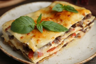 Photo of Delicious cooked lasagna with basil on plate, closeup