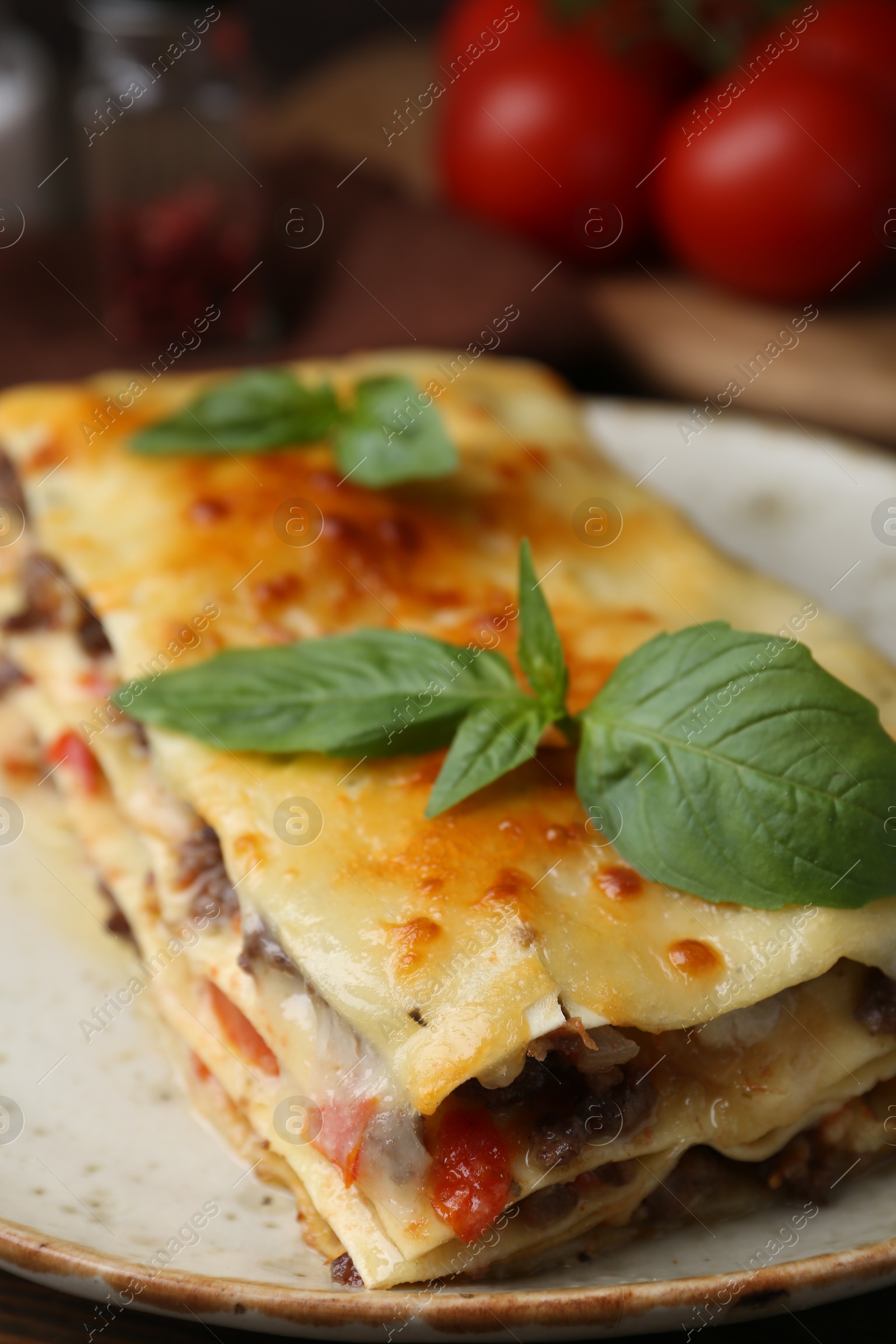 Photo of Delicious cooked lasagna with basil on plate, closeup