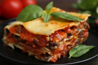 Photo of Delicious cooked lasagna with basil on plate, closeup