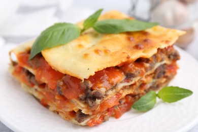 Delicious cooked lasagna with basil on plate, closeup. Italian cuisine