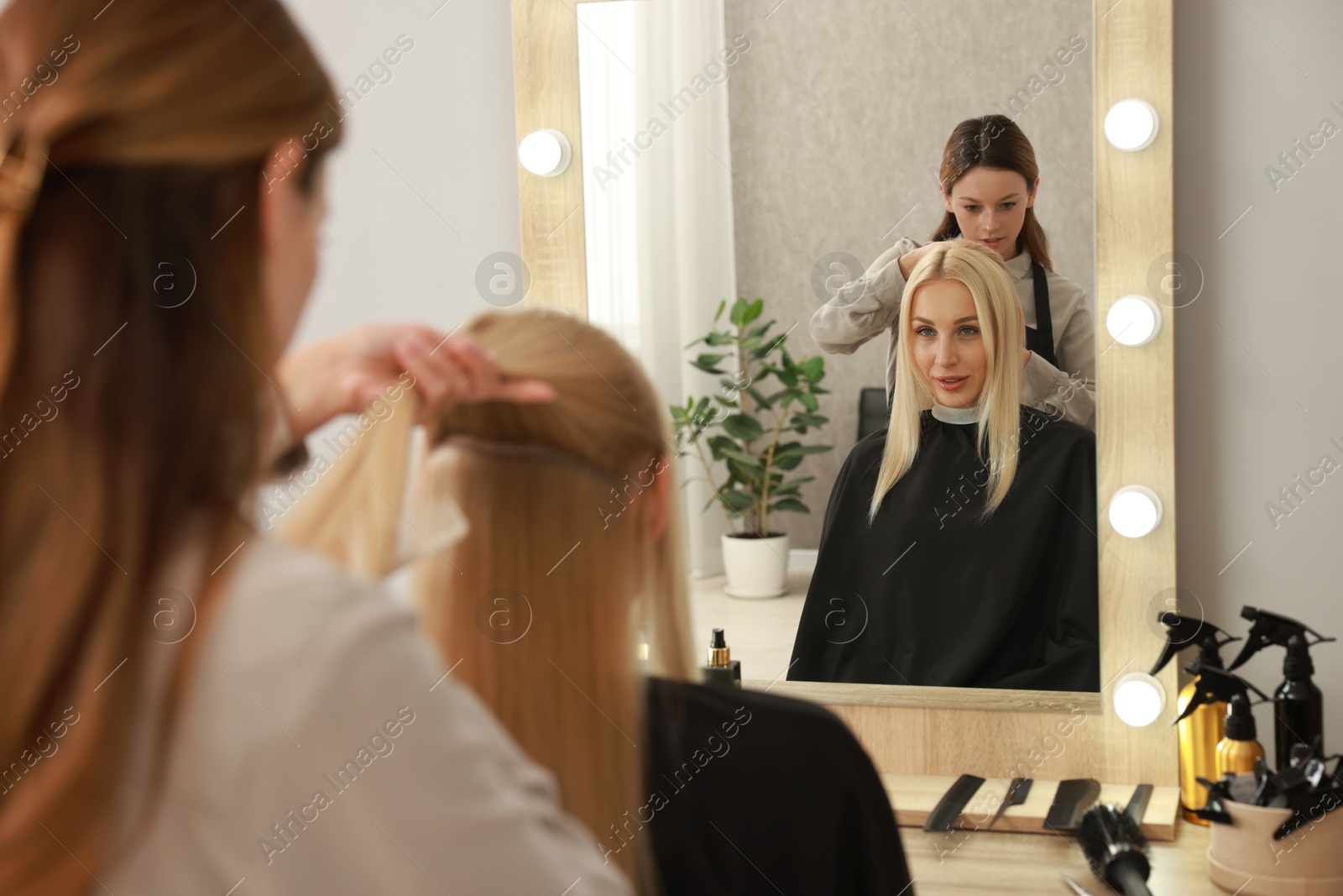 Photo of Hair cutting. Professional hairdresser working with client in salon, selective focus