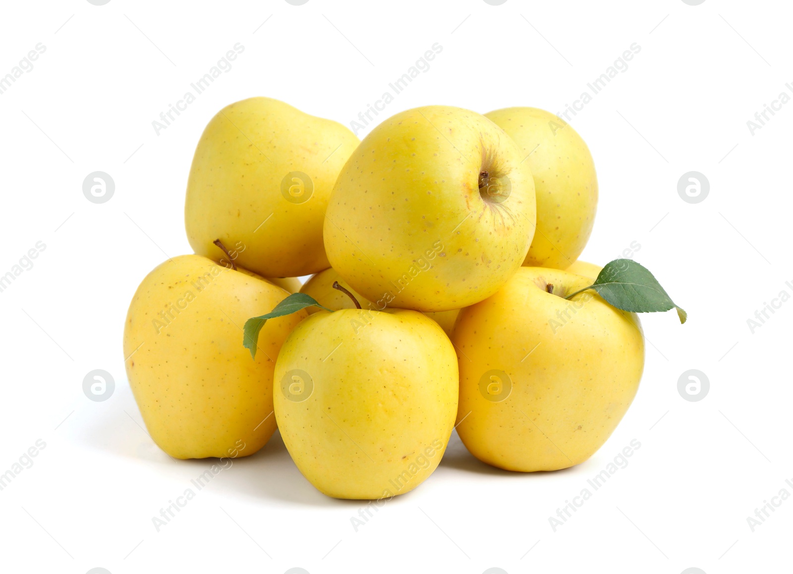 Photo of Many fresh yellow apples isolated on white