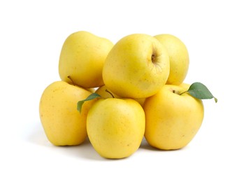 Photo of Many fresh yellow apples isolated on white