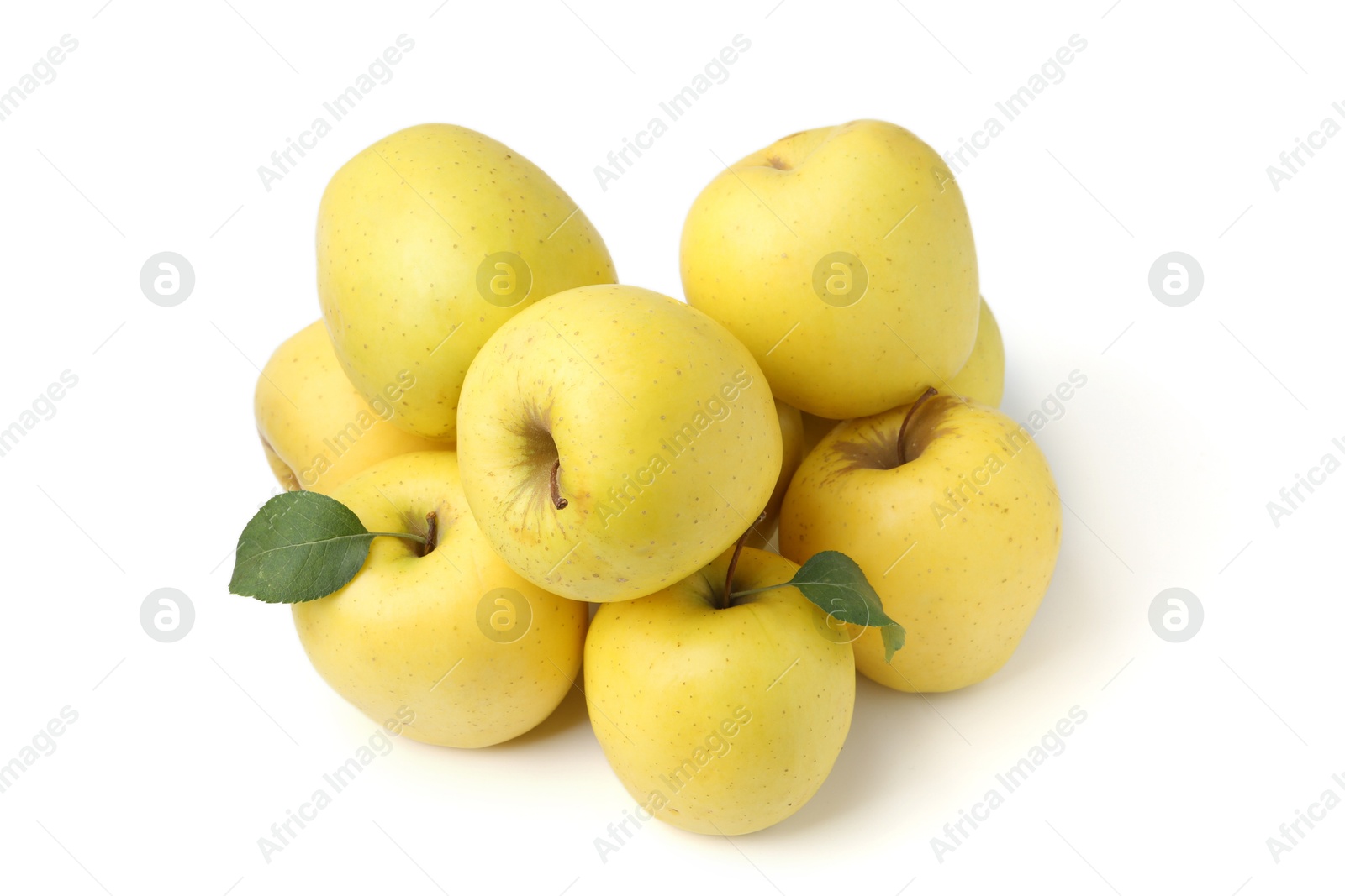 Photo of Many fresh yellow apples isolated on white