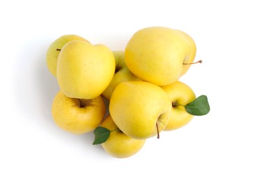 Many fresh yellow apples isolated on white, top view