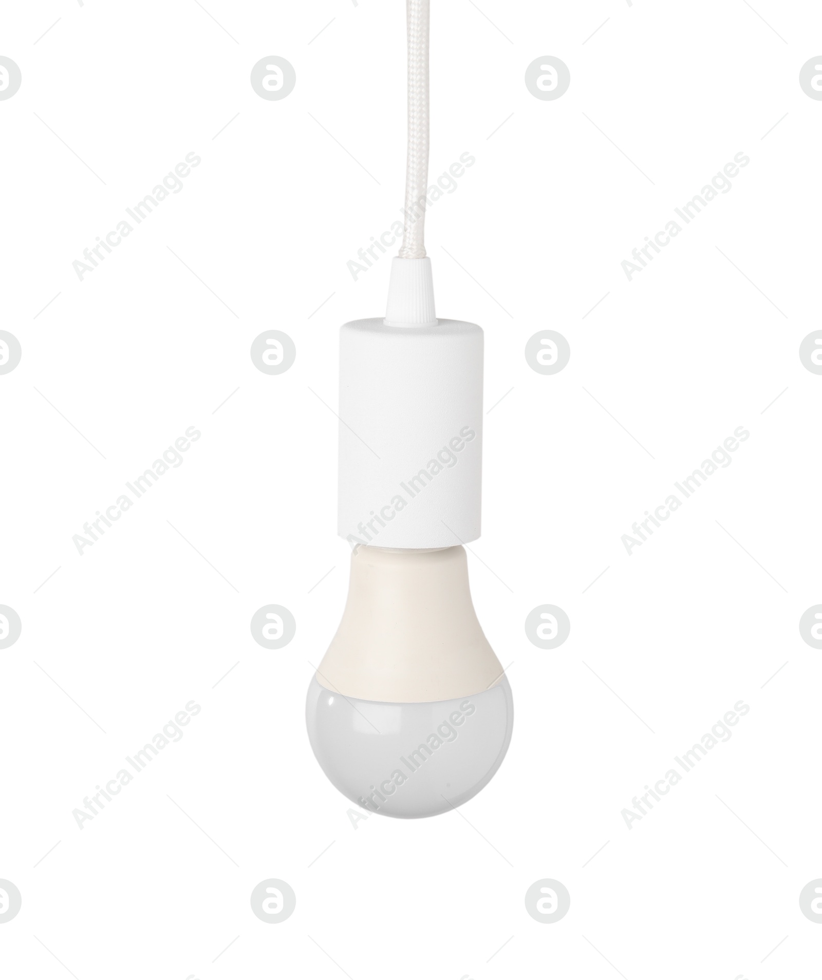 Photo of One light bulb hanging isolated on white