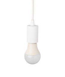 Photo of One light bulb hanging isolated on white