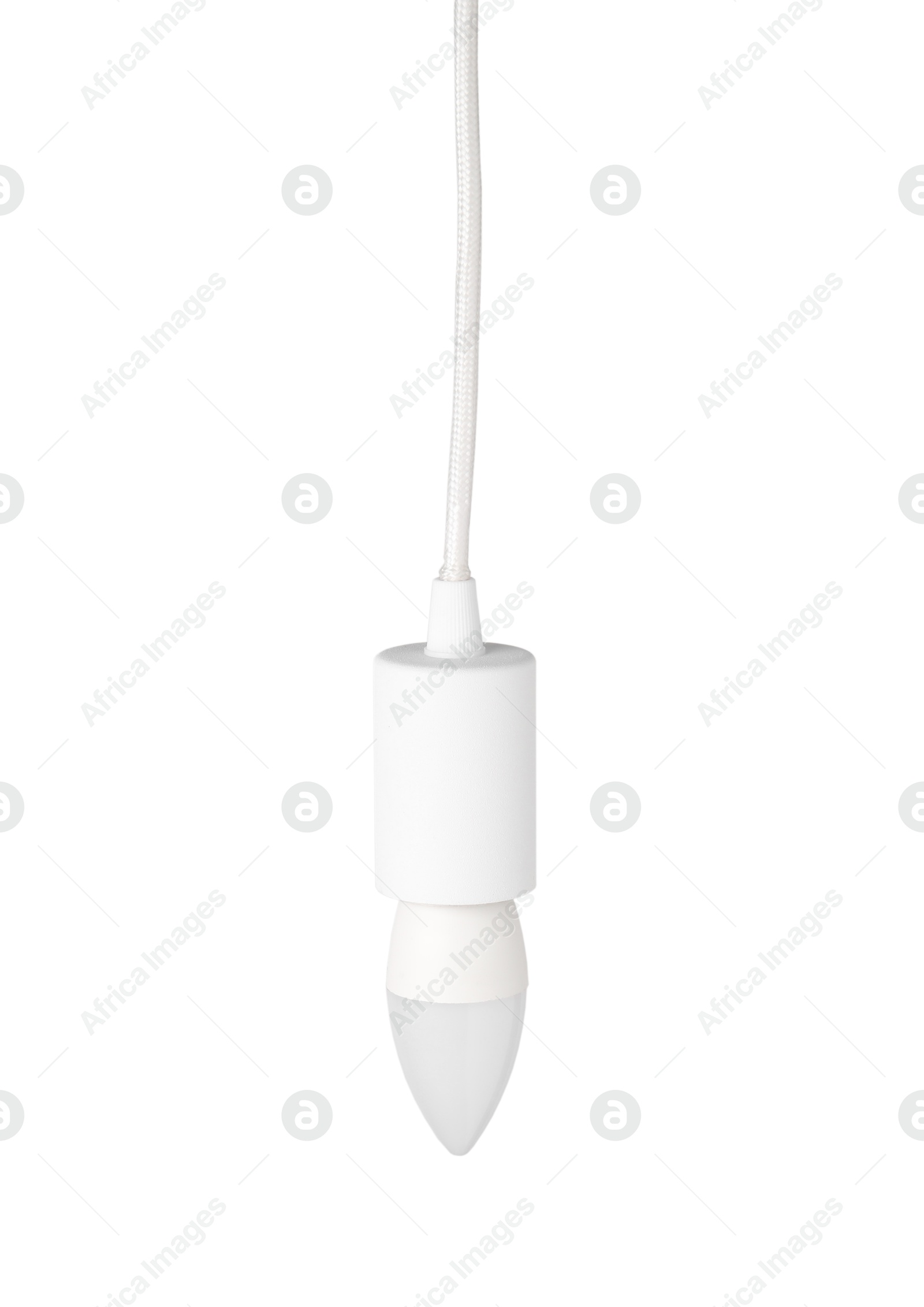 Photo of One light bulb hanging isolated on white