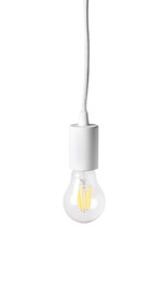 Photo of One light bulb hanging isolated on white