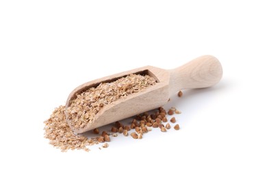 Photo of Buckwheat bran in wooden scoop and grains isolated on white