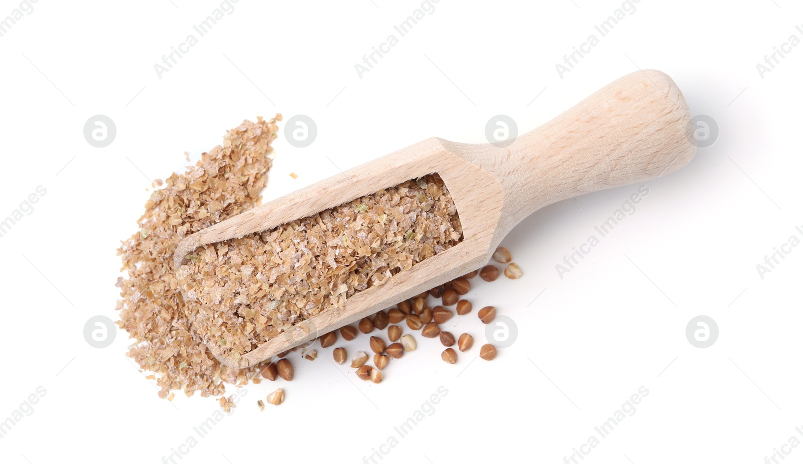 Photo of Buckwheat bran in wooden scoop and grains isolated on white, top view