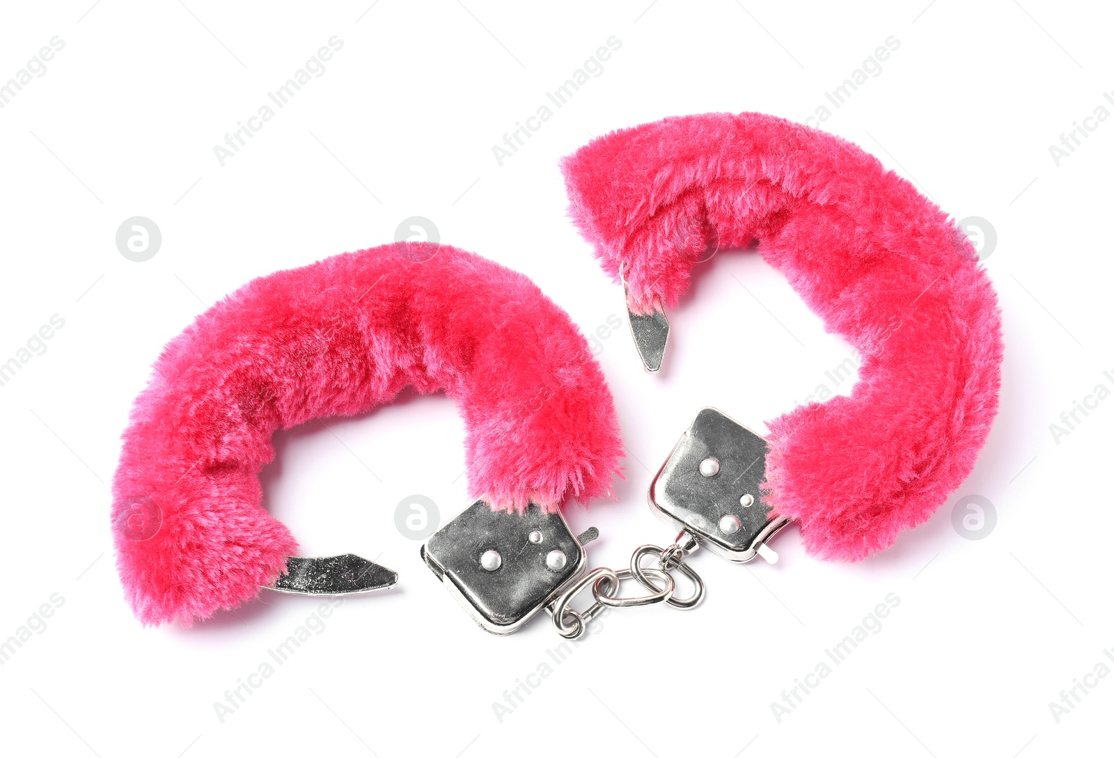 Photo of Bright fluffy handcuffs isolated on white. Sex toy