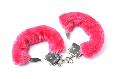 Photo of Bright fluffy handcuffs isolated on white. Sex toy