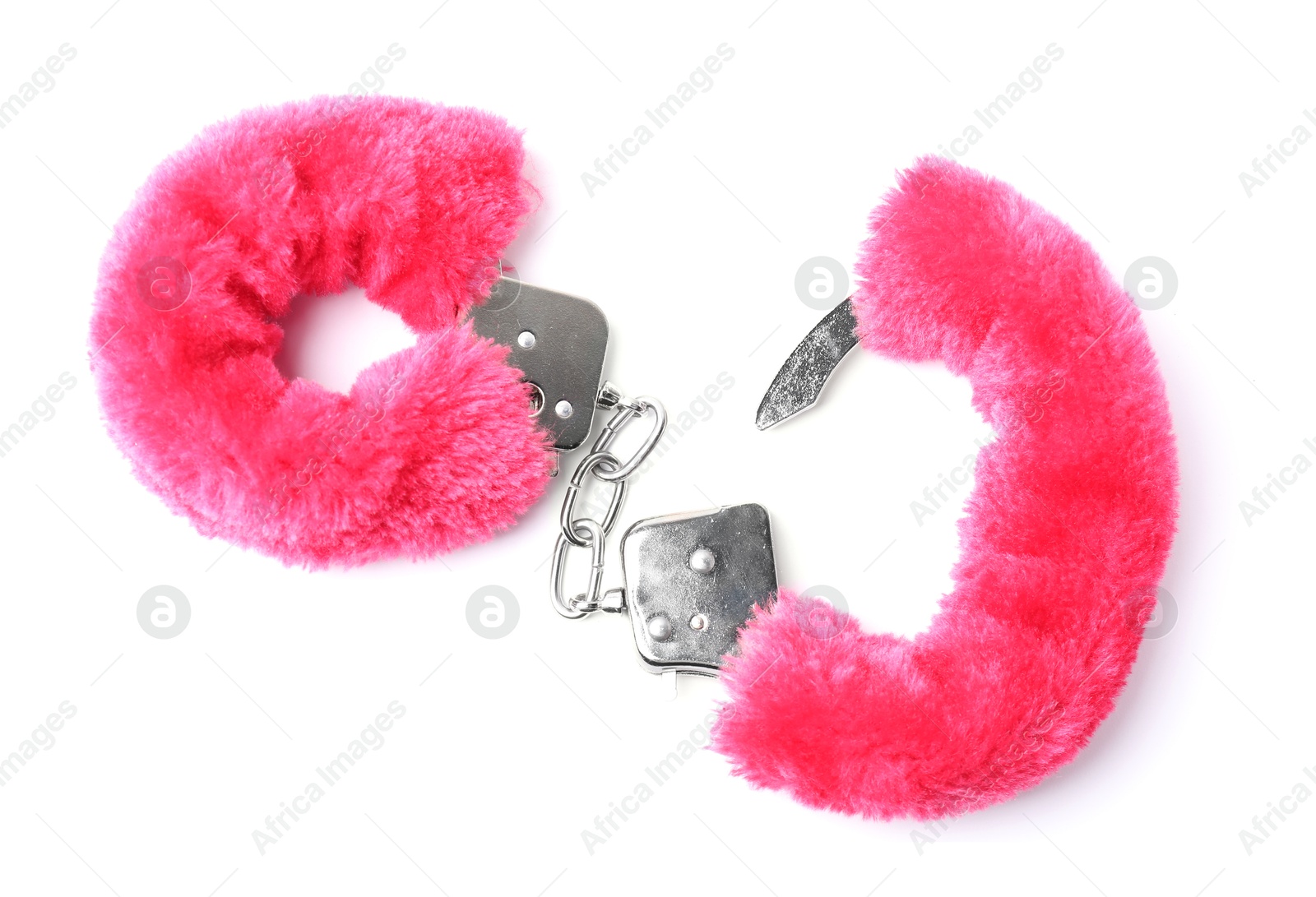 Photo of Bright fluffy handcuffs isolated on white. Sex toy