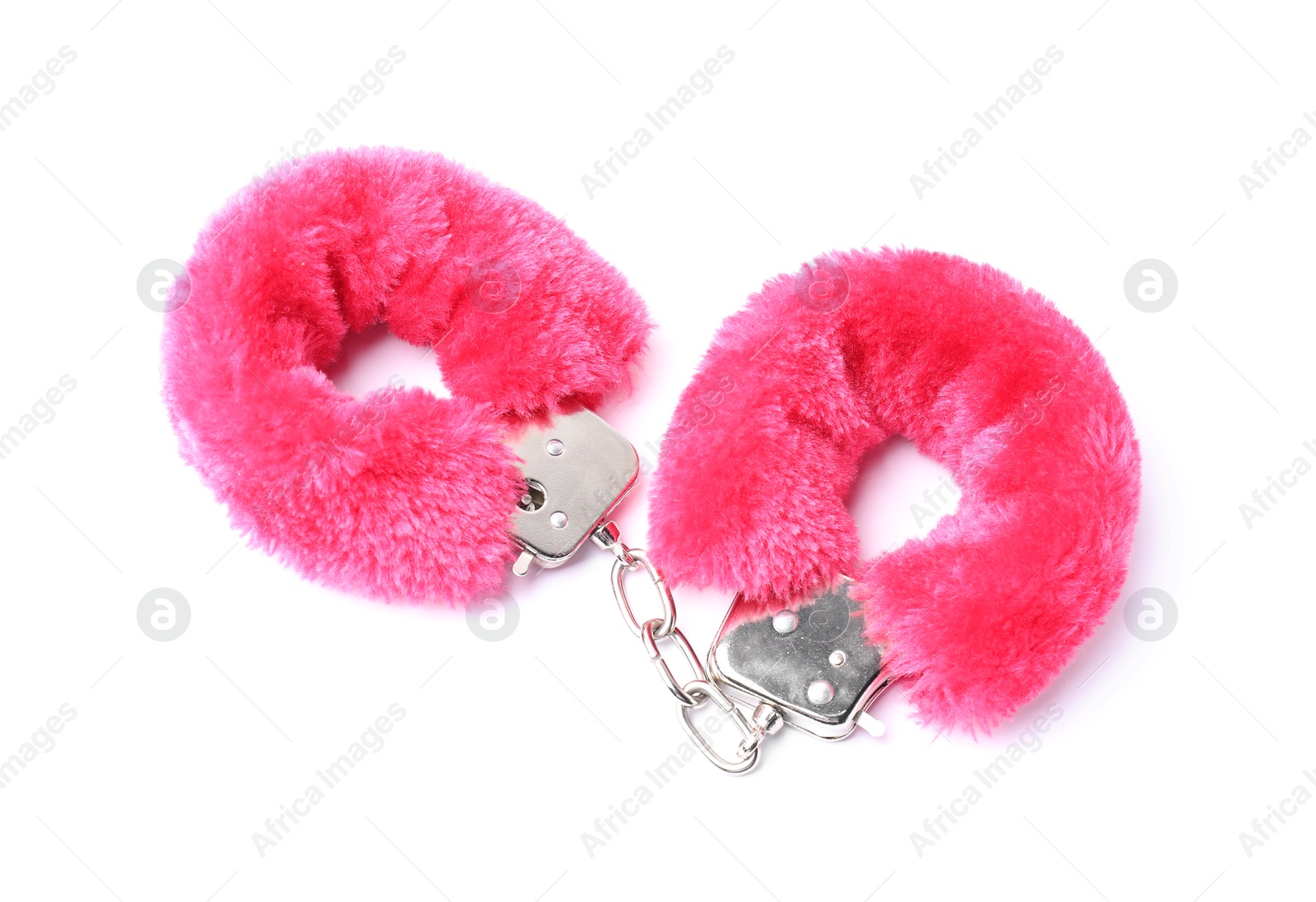 Photo of Bright fluffy handcuffs isolated on white. Sex toy