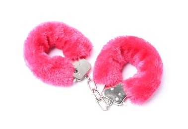 Photo of Bright fluffy handcuffs isolated on white. Sex toy