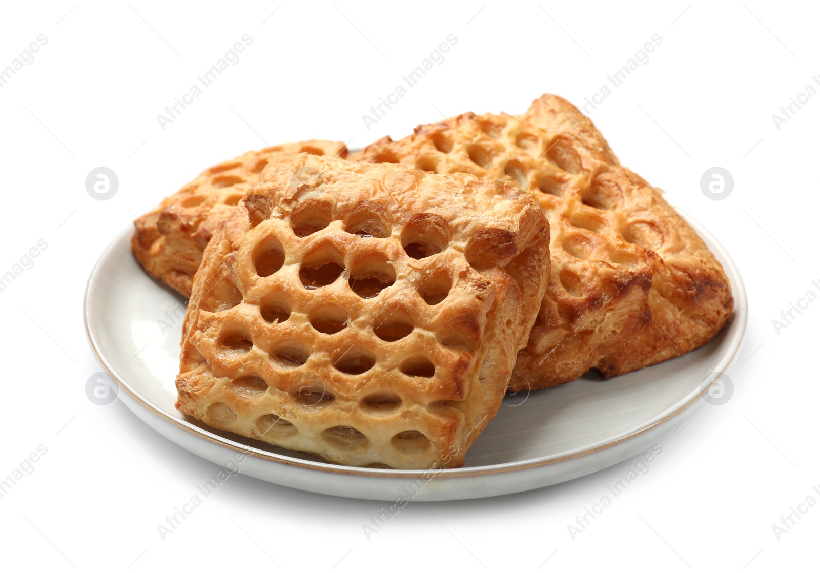 Photo of Delicious puff pastries with fruit filling isolated on white