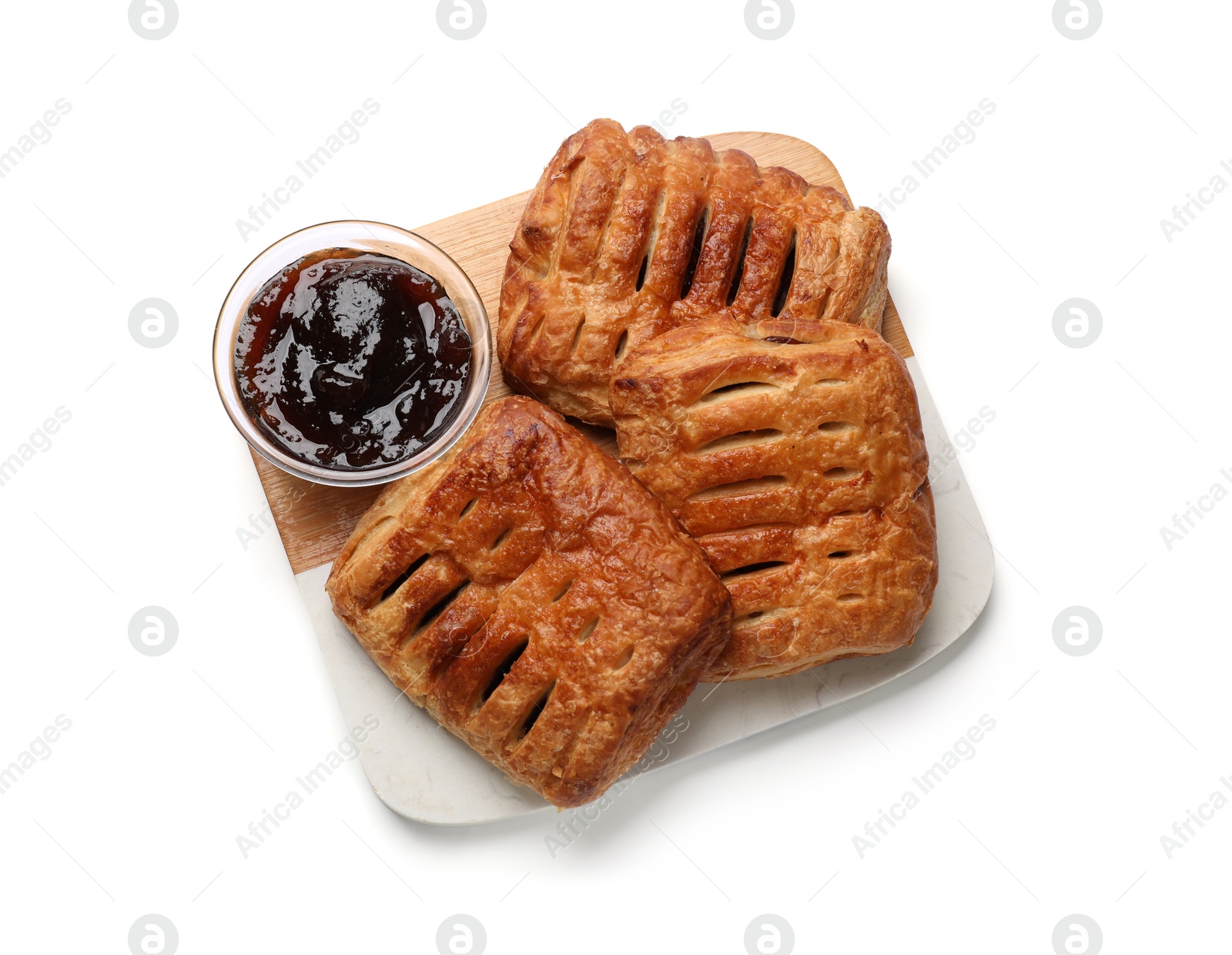 Photo of Delicious puff pastries with fruit filling and jam isolated on white, top view