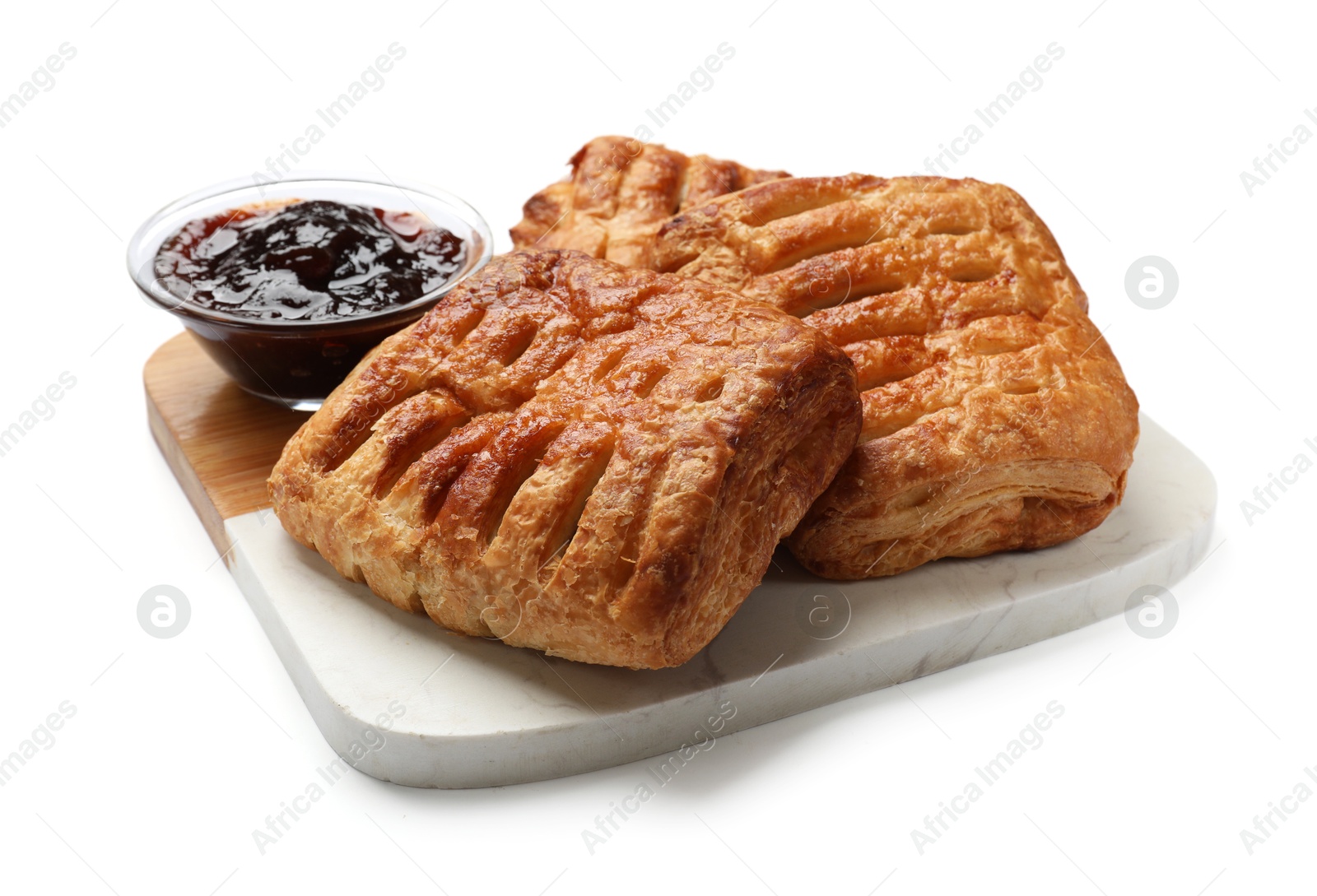 Photo of Delicious puff pastries with fruit filling and jam isolated on white