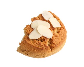 Photo of Piece of tasty cookie with almond flakes isolated on white