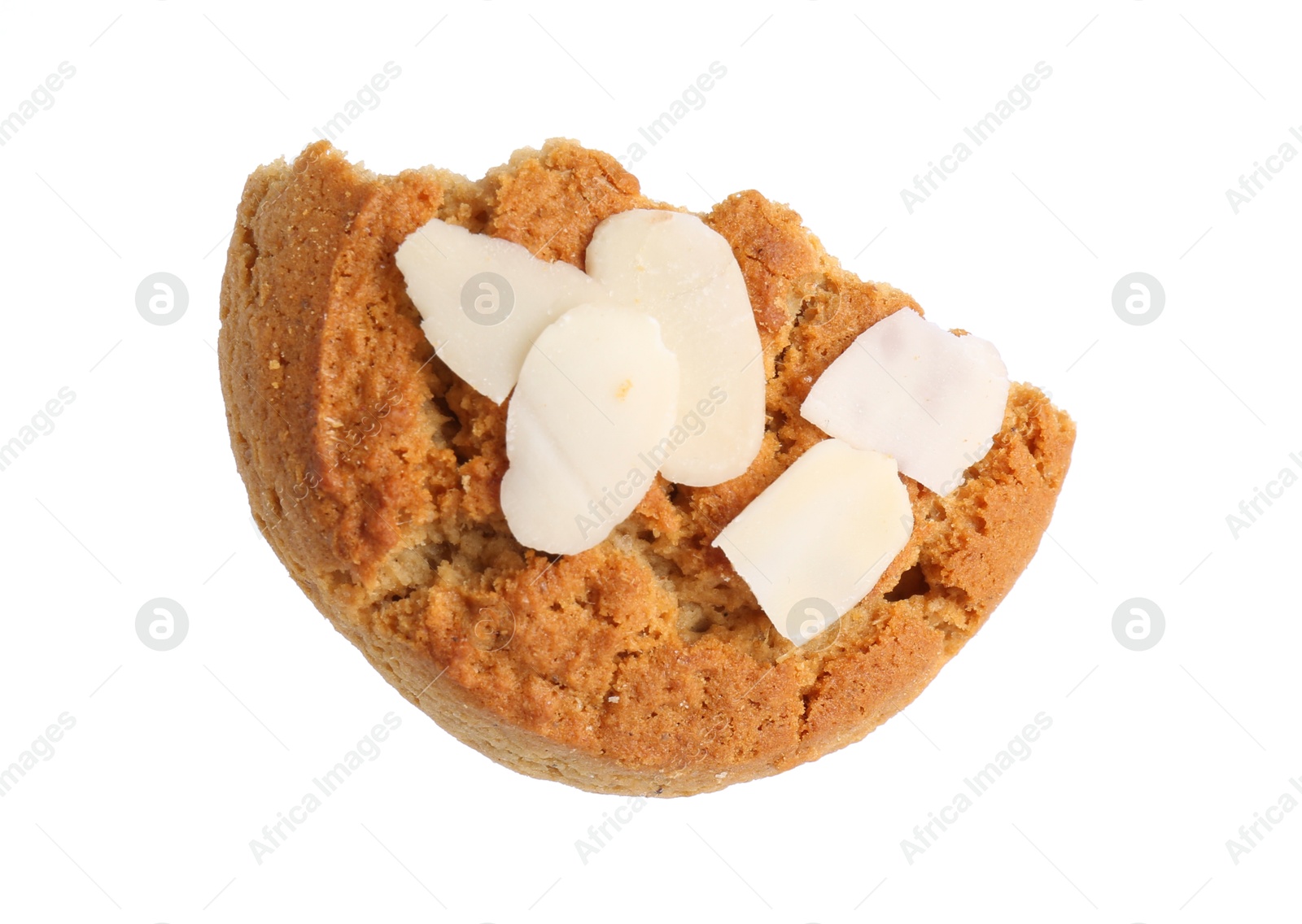 Photo of Piece of tasty cookie with almond flakes isolated on white