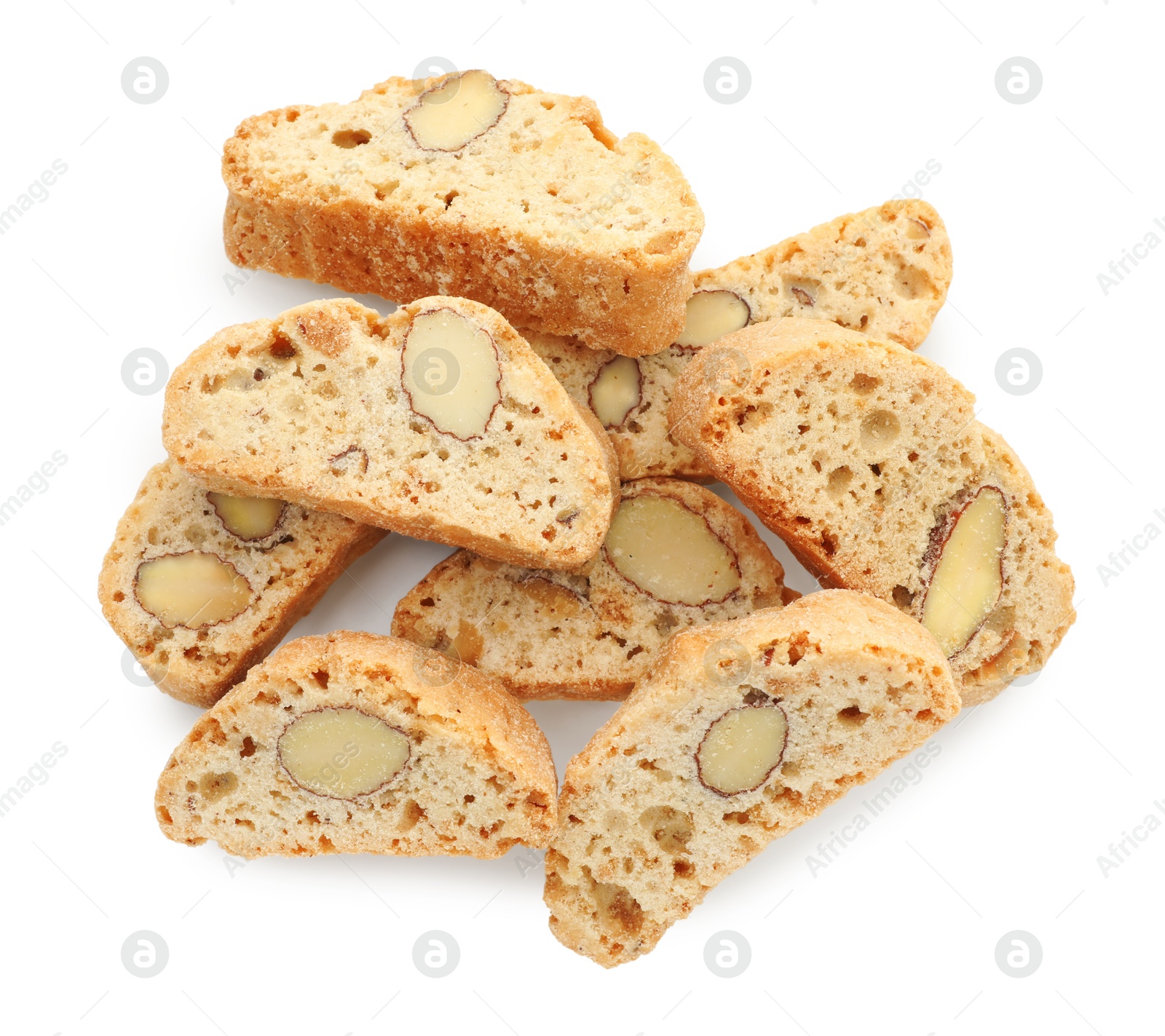 Photo of Traditional Italian almond biscuits (Cantucci) isolated on white, top view