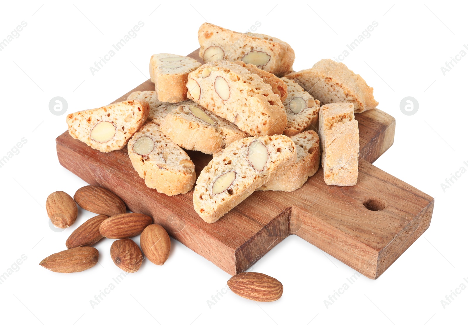 Photo of Traditional Italian almond biscuits (Cantucci) and nuts isolated on white