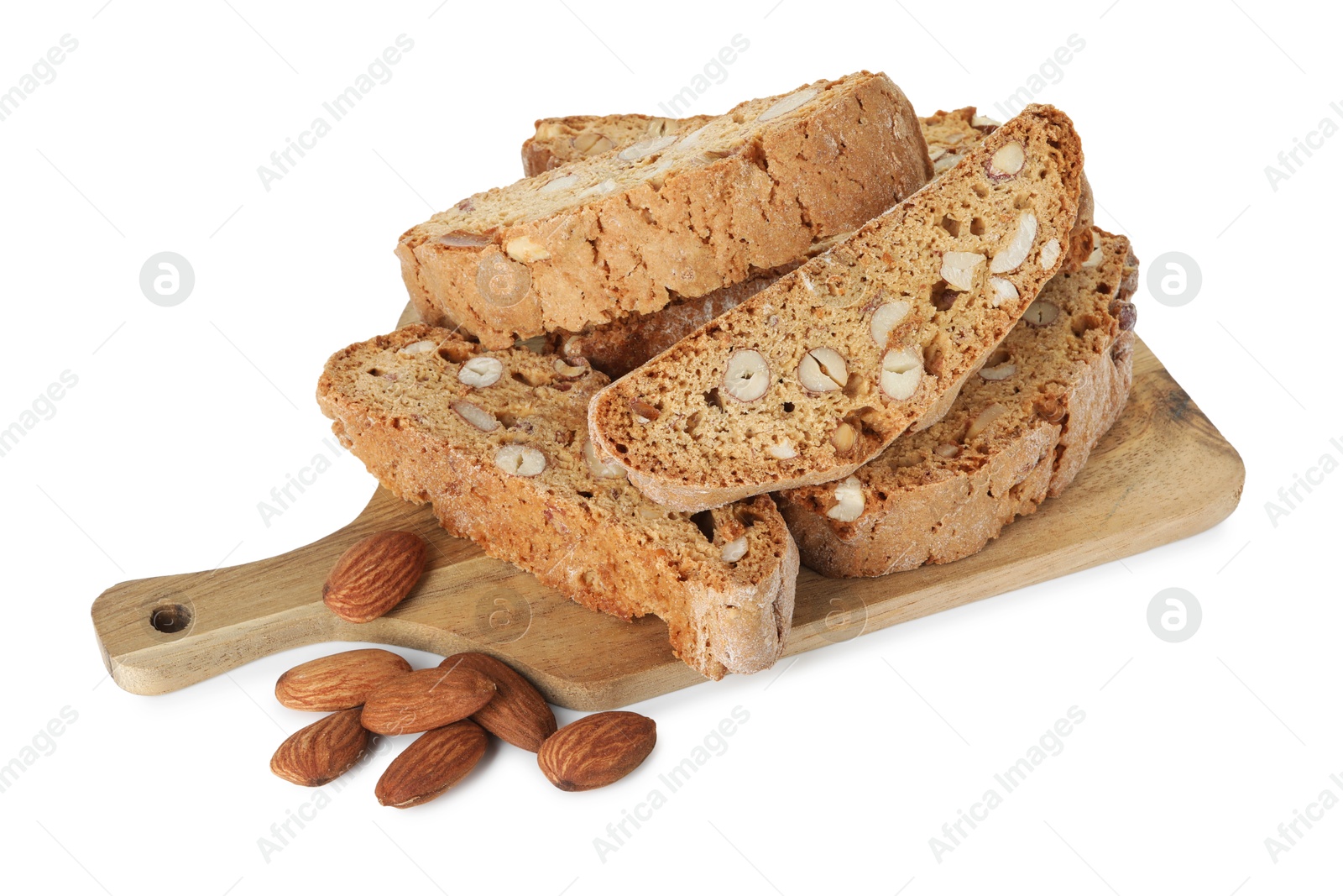 Photo of Traditional Italian almond biscuits (Cantucci) and nuts isolated on white