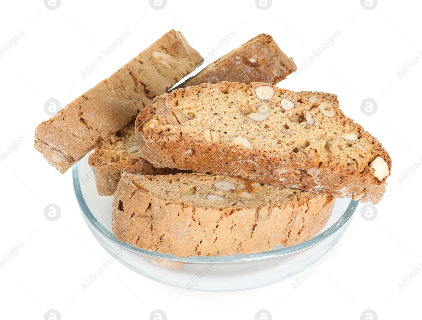 Photo of Traditional Italian almond biscuits (Cantucci) in glass bowl isolated on white