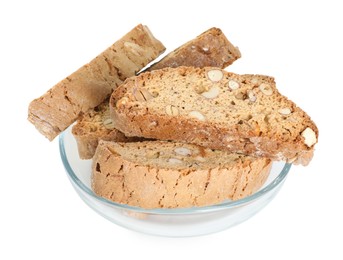 Photo of Traditional Italian almond biscuits (Cantucci) in glass bowl isolated on white