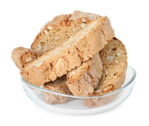 Photo of Traditional Italian almond biscuits (Cantucci) in glass bowl isolated on white