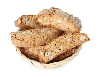 Photo of Traditional Italian almond biscuits (Cantucci) in wicker basket isolated on white