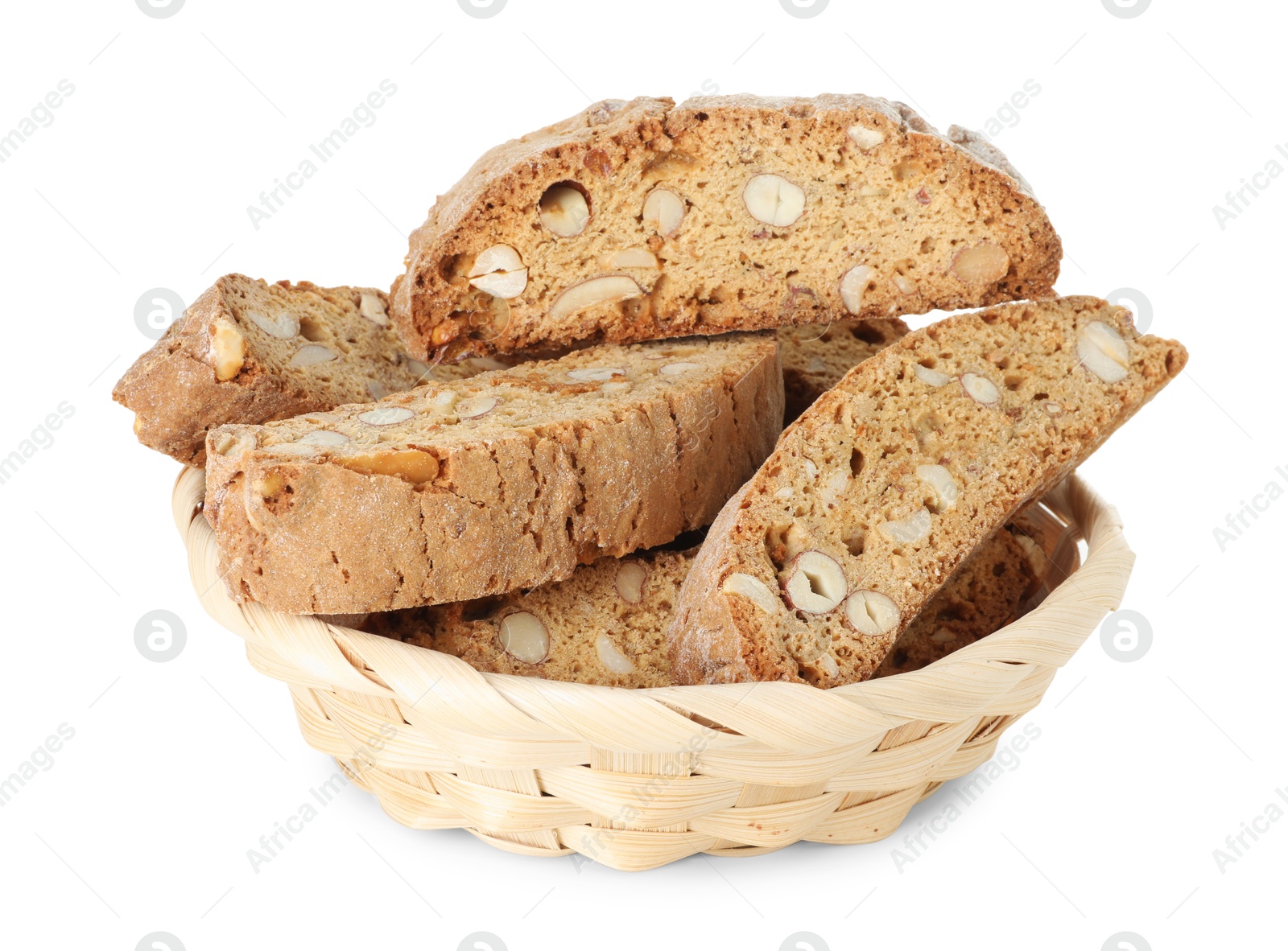 Photo of Traditional Italian almond biscuits (Cantucci) in wicker basket isolated on white