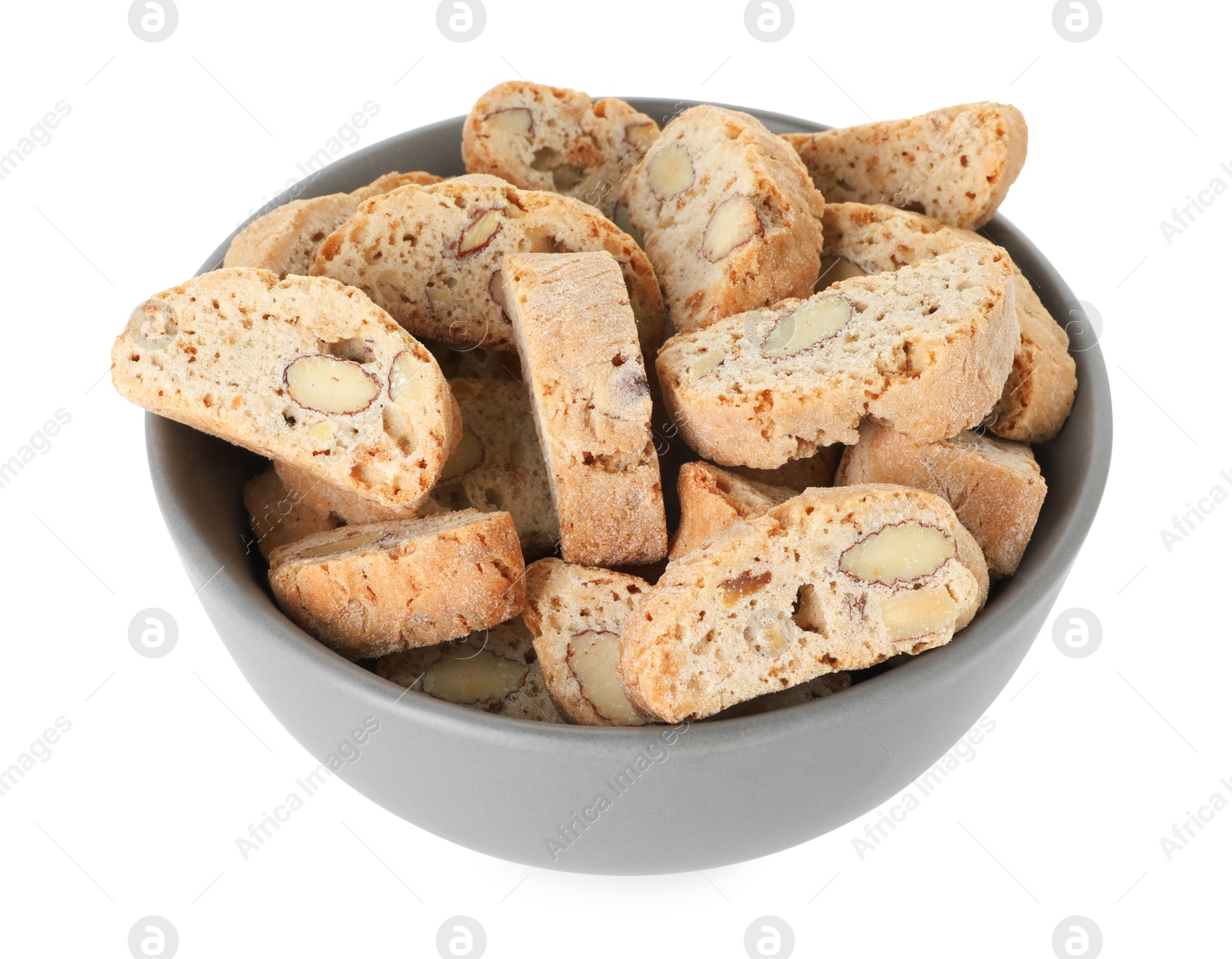 Photo of Traditional Italian almond biscuits (Cantucci) in bowl isolated on white