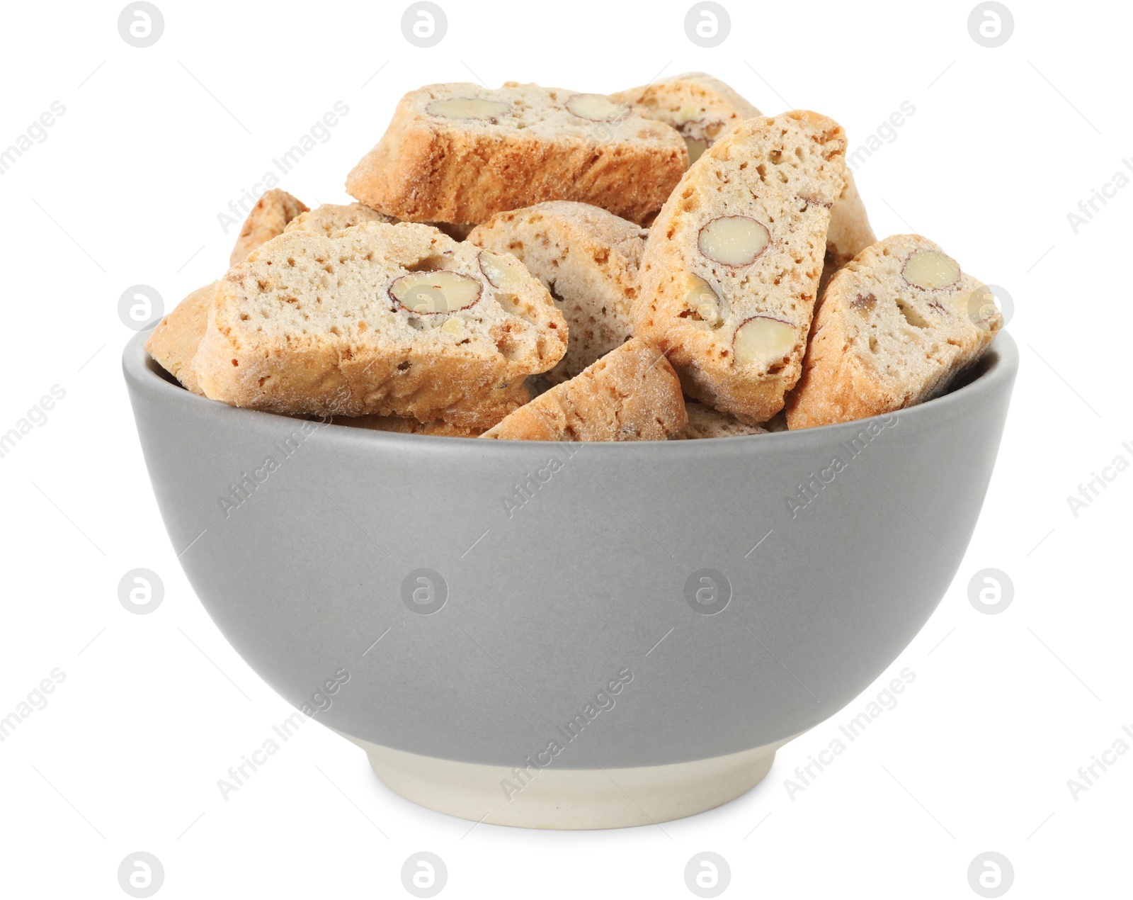 Photo of Traditional Italian almond biscuits (Cantucci) in bowl isolated on white