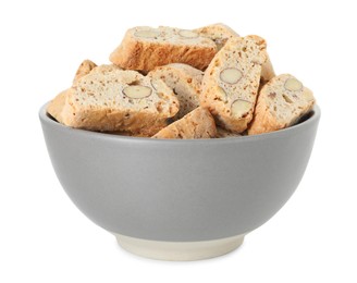 Photo of Traditional Italian almond biscuits (Cantucci) in bowl isolated on white