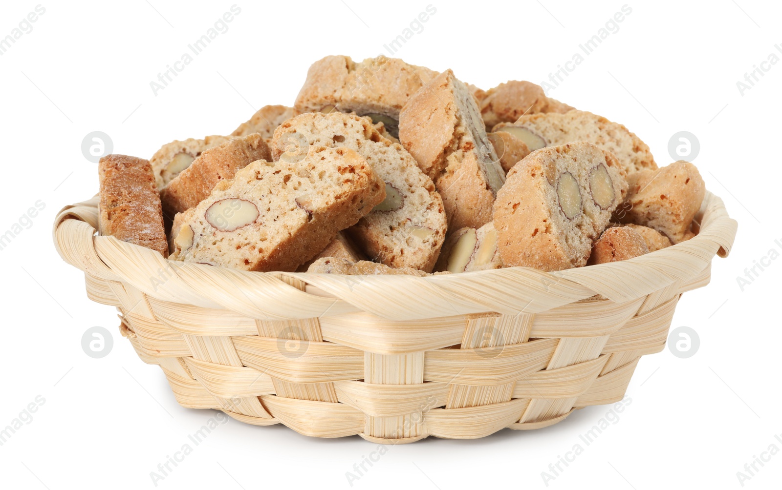 Photo of Traditional Italian almond biscuits (Cantucci) in wicker basket isolated on white