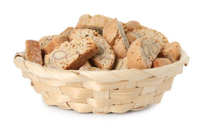 Traditional Italian almond biscuits (Cantucci) in wicker basket isolated on white