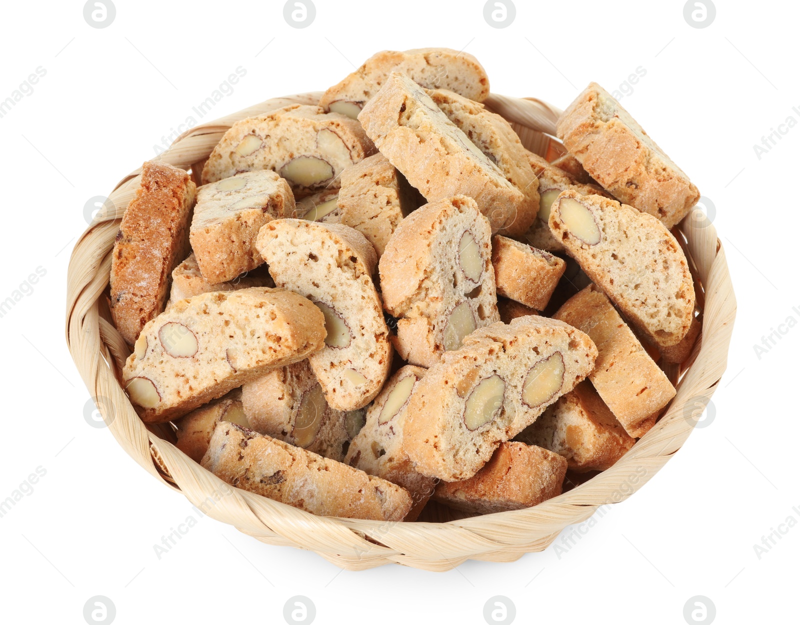 Photo of Traditional Italian almond biscuits (Cantucci) in wicker basket isolated on white