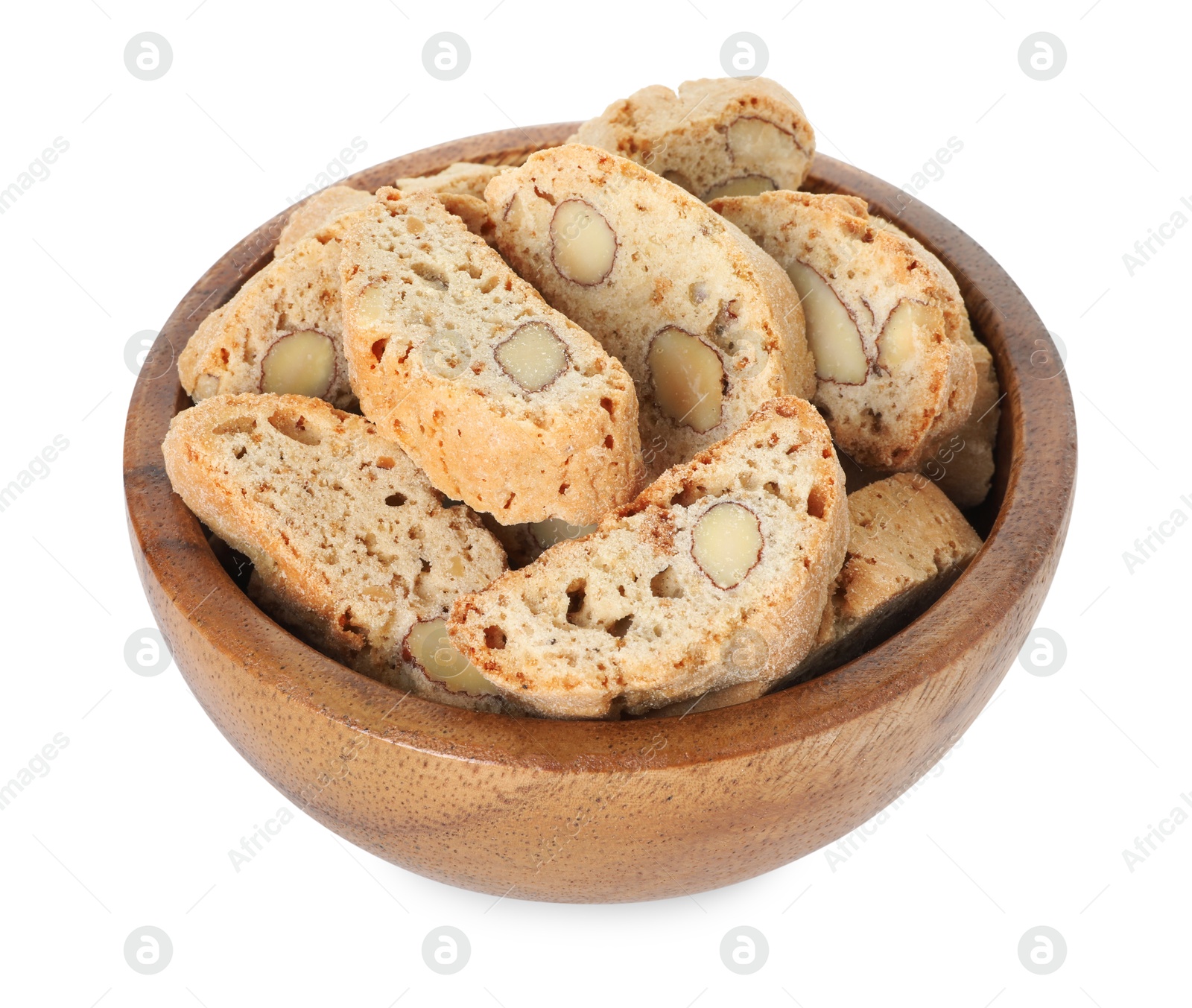 Photo of Traditional Italian almond biscuits (Cantucci) in bowl isolated on white