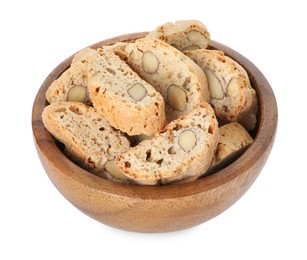 Photo of Traditional Italian almond biscuits (Cantucci) in bowl isolated on white