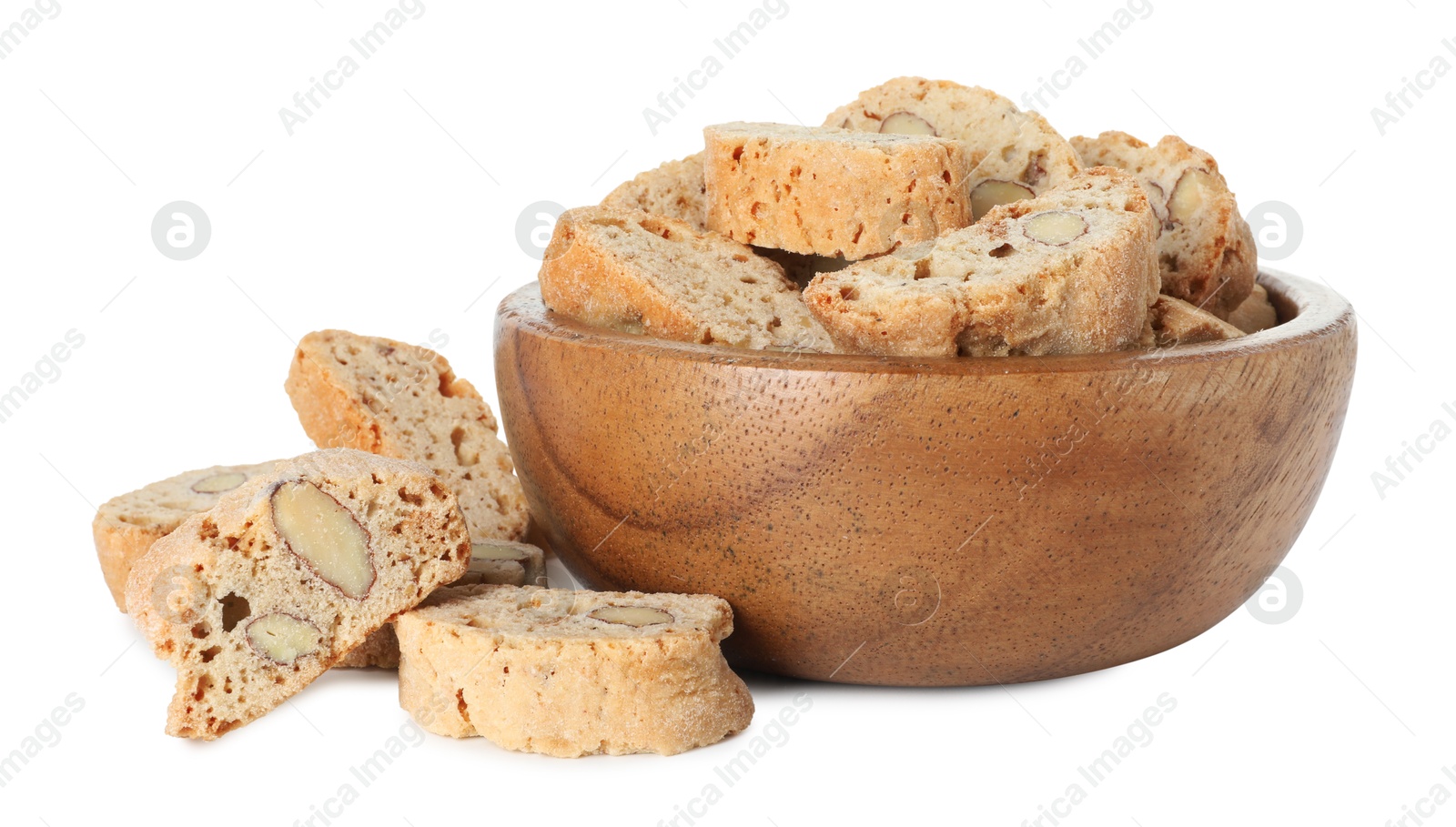 Photo of Traditional Italian almond biscuits (Cantucci) in bowl isolated on white