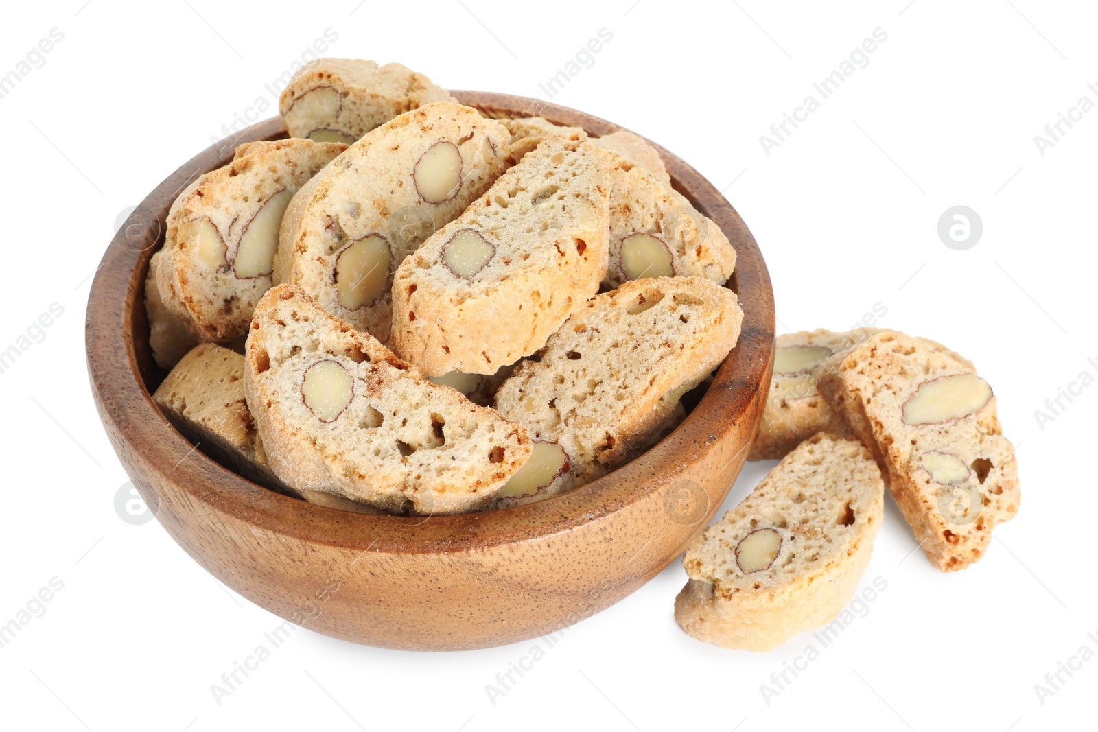 Photo of Traditional Italian almond biscuits (Cantucci) in bowl isolated on white