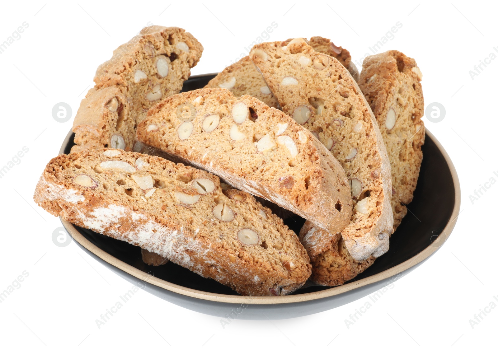 Photo of Traditional Italian almond biscuits (Cantucci) in bowl isolated on white