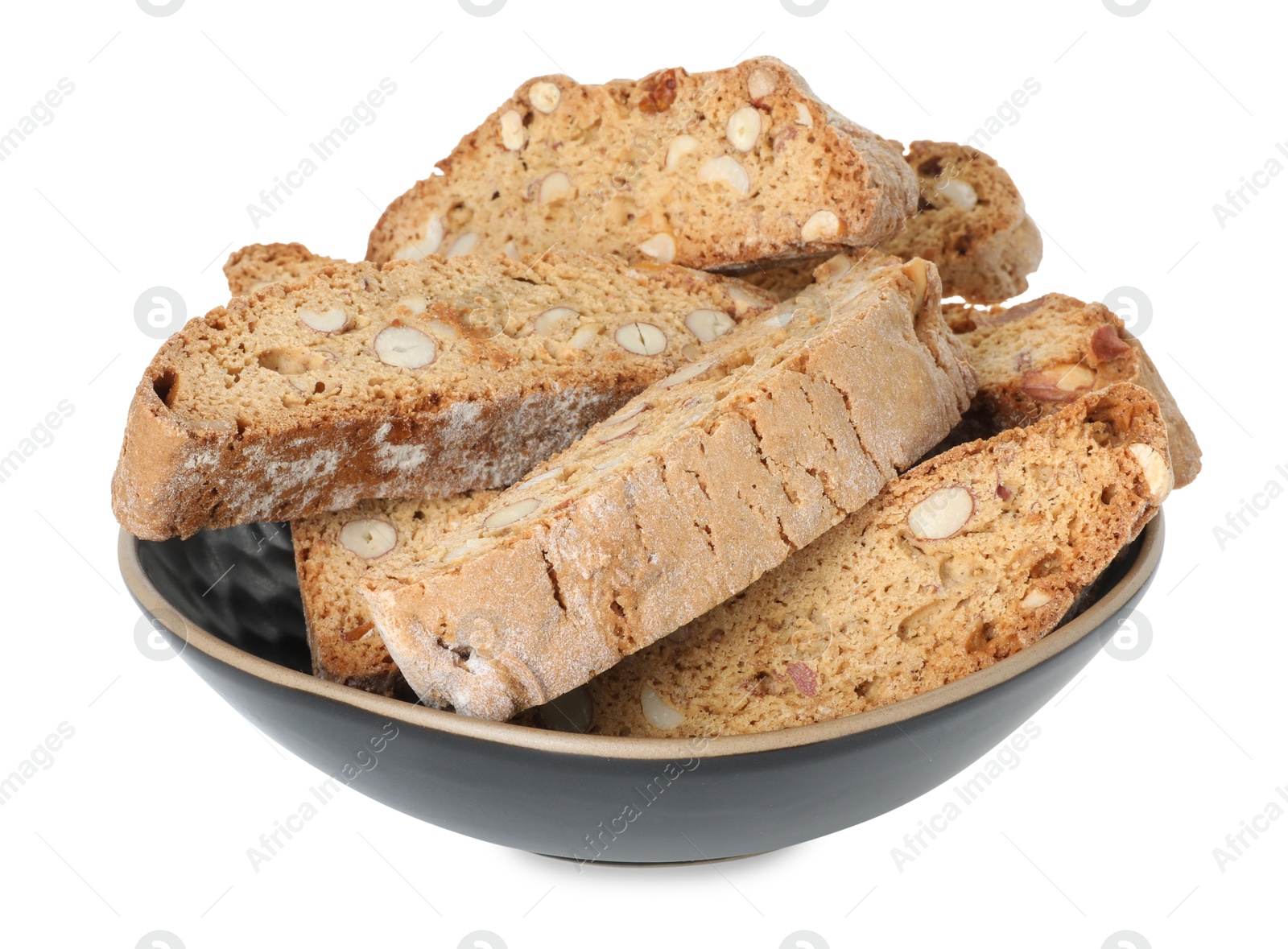 Photo of Traditional Italian almond biscuits (Cantucci) in bowl isolated on white